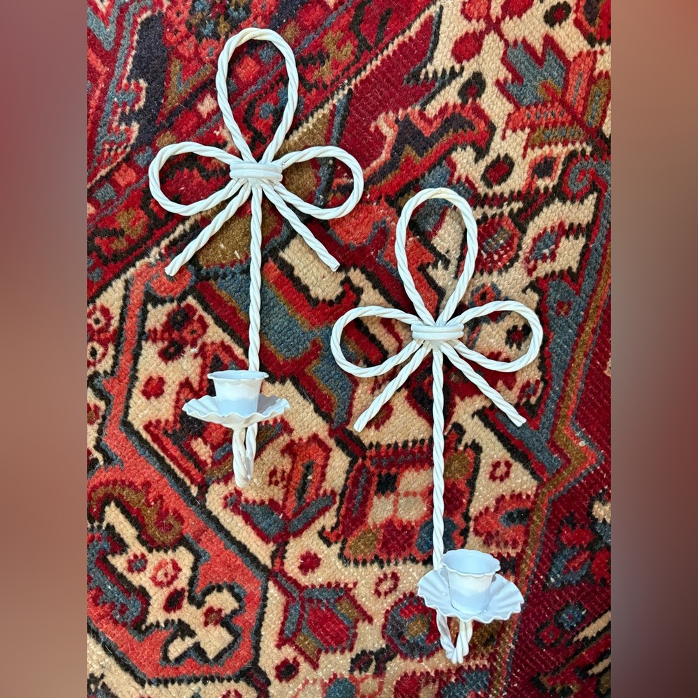 Vintage Pair Twisted Bow Metal Wall Candle Sconces